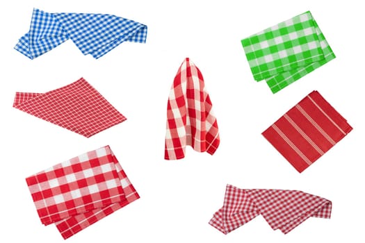 Collage set of colorful checkered and striped kitchen clothes or napkin isolated on a white background. Kitchen accessories.