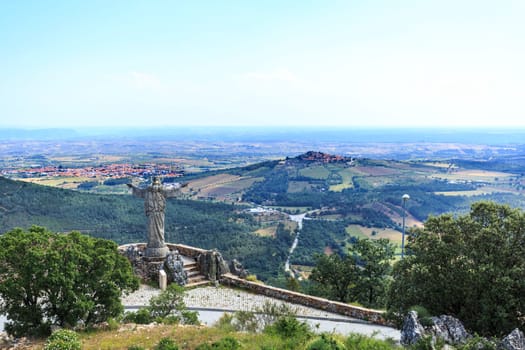 Panoramic view from the top of the Marofa Mountain Range, where the town of Figueira de Castelo Rodrigo and the hill top historic village of Castelo Rodrigo, Portugal, can be seen