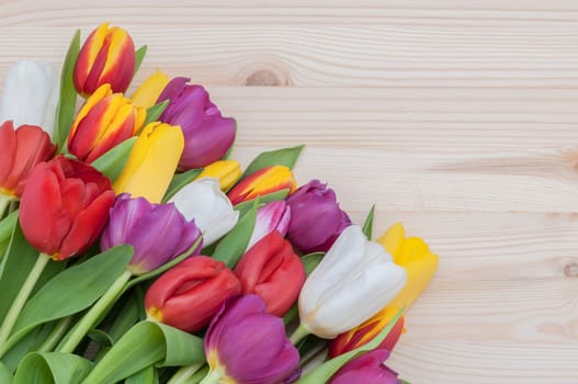 Large spring bouquet of tulips on a wooden background.