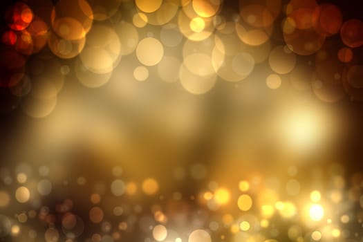 Abstract golden festive bokeh background with glitter sparkle blurred circles and Christmas lights. Concept Christmas, Happy New Year and other holidays.
