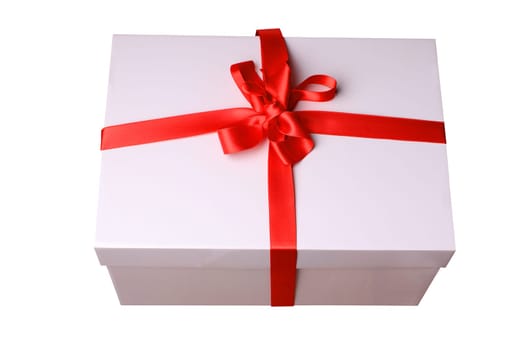 Pink present or gift box with red ribbon bow isolated on a white background. Birthday, valentine or other holidays.