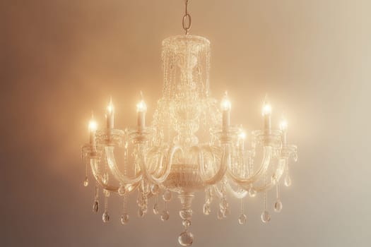 A beautiful crystal chandelier with intricate designs and numerous candle-like bulbs hangs gracefully from the ceiling. The soft, warm lighting creates an inviting atmosphere, enhancing the room's elegance.