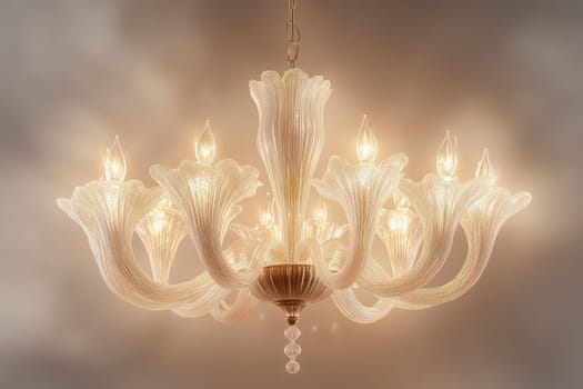 A stunning chandelier made of transparent crystal glass hangs from the ceiling, featuring delicate floral patterns and multiple light sources. The gentle illumination casts a cozy glow, enhancing the stylish decor of the room.