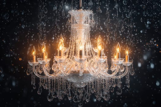 A stunning crystal chandelier sparkles as its warm light reflects off glistening droplets of water descending from above. The luxurious atmosphere creates a captivating focus in a sophisticated indoor setting.