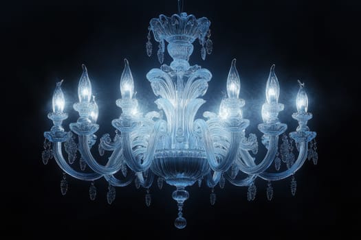 Suspended from the ceiling, a stunning glass chandelier shines brightly, casting an alluring glow in the dimly lit surroundings. Its ornate design features delicate curves and reflective surfaces that enhance the elegance of the space.