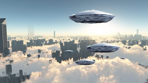 Flying saucers over futuristic megapolis. Sunrise