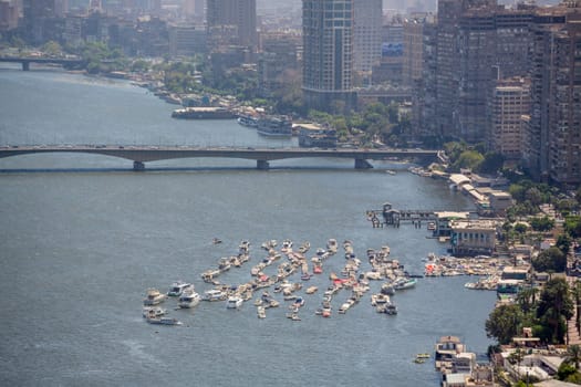 Aerial view of the downtown area of Cairo along the Nile River as viewed from the top of Cairo Tower. Cairo, Egypt – April 26, 2014.