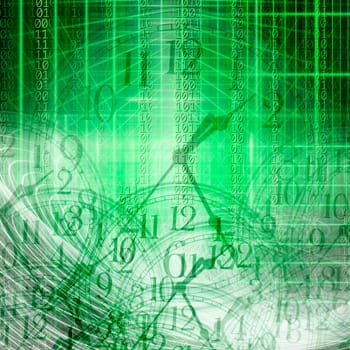 conceptual technology and time image of binary code with clock and abstract lights