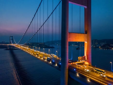 Tsing Ma Bridge at sunset in Hong Kong. Drone Shoot