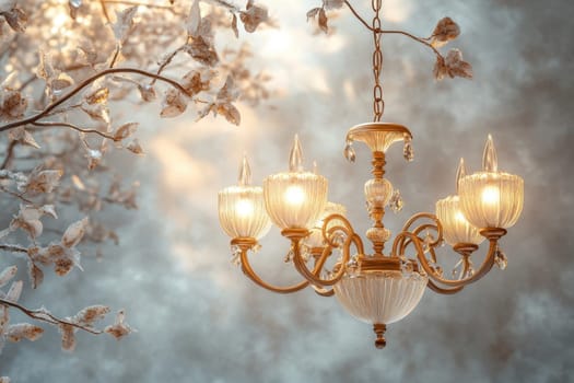 A beautiful chandelier hangs gracefully in a winter setting, radiating warm light. Surrounding it are delicate frosted branches, creating a stunning contrast between the cozy illumination and chilly surroundings.