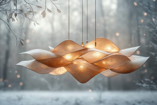 A striking hanging light fixture showcases a wavy design, exuding a soft warm glow in a winter environment. The surrounding area appears frosted, with a softly blurred forest backdrop enhancing the light's presence.
