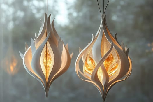 Two beautifully crafted wooden pendant lamps hang from the ceiling, casting a warm glow in a serene interior. Their intricate designs resemble blooming flowers, creating a cozy ambiance during the evening hours.