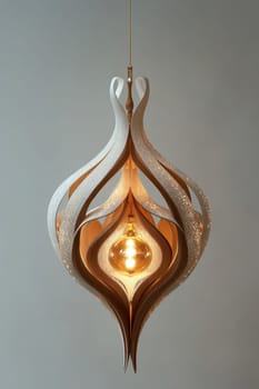 This striking wooden pendant light features a unique swirling design that elegantly blends aesthetics with functionality. It provides warm illumination, enhancing the ambiance of a contemporary living area or dining space.