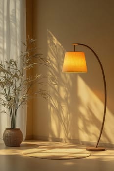 A beautifully designed curved floor lamp softly illuminates a tranquil corner in a well-decorated room. The warm light creates gentle shadows while a stylish plant adds a touch of nature to the serene setting.