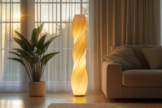 Soft sunlight filters through sheer curtains, illuminating a contemporary floor lamp with a spiral design. A lush green plant adds a touch of nature next to a comfortable beige sofa, enhancing a tranquil atmosphere.