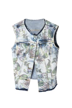 Women clothes. Sleeveless blue jeans vest or jacket for woman isolated on a white background. Jeans fashion.