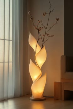 Soft light radiates from a twisting floor lamp, creating a warm and inviting atmosphere. A flowering branch adds a touch of nature to the modern decor, complementing the serene vibe of the room at dusk.