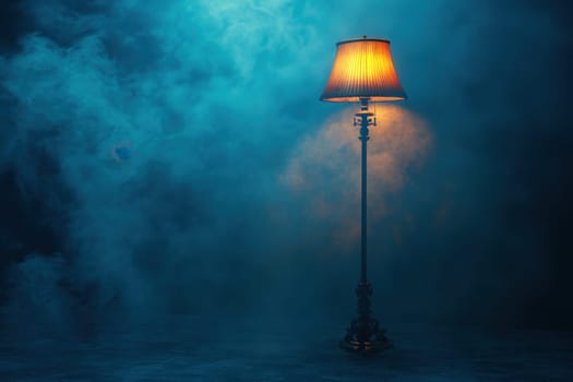 A vintage floor lamp stands tall, casting a warm glow in an otherwise dark environment filled with blue smoke. The lamp's shade diffuses light, enhancing the atmospheric mood of the dimly lit setting.