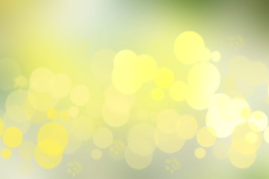 Abstract autumn gradient yellow green bright background texture with leaves and bokeh circles. Space.