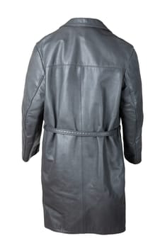 Leather coat. Old vintage male gray leather coat isolated on white. Style of 60s. Back site.