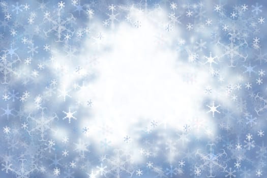 Christmas blue background. Abstract light blue winter background with snow and snowflakes and a white cloud. On a white cloud useful space for design.