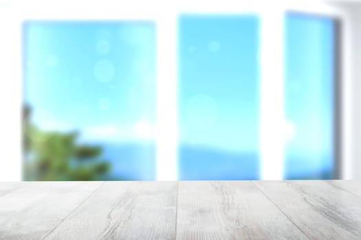 Table top and blur abstract sky and mountain landscape background. Empty rustic wooden bright table top in front of abstract light blue landscape. Template for your product display montage.
