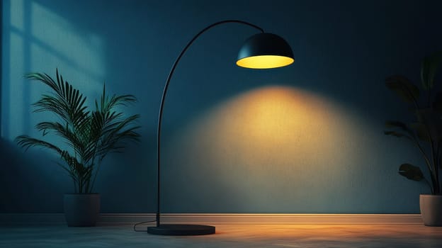 A stylish floor lamp stands in a tranquil room, casting a warm, yellow glow on the wall and floor. Nearby, green plants add life to the space, enhancing the serene atmosphere during the evening.