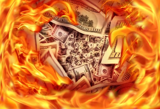 Conceptual finance image of burning pile dollar bill and fire flames