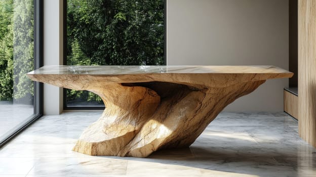 A stunning wooden table crafted from natural materials is the centerpiece of a modern interior. The table features unique swirling patterns and textures, complemented by large windows revealing lush greenery outside.