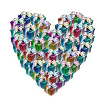 Conceptual image of heart shaped colorful gift boxes isolated on white