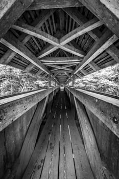Long wooden beamed pedestrian bridge with roof and graffiti monochrome