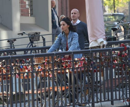 Naomi Scott with a bike , .filming 3 Angel for  Charlie  at the  Fleet Island Hamburg