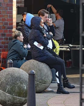 Naomi Scott and Jonathan Tucker ,.filming 3 Angel for  Charlie  at the  Fleet Island Hamburg