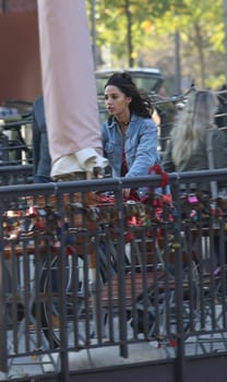 Naomi Scott with a bike , .filming 3 Angel for  Charlie  at the  Fleet Island Hamburg