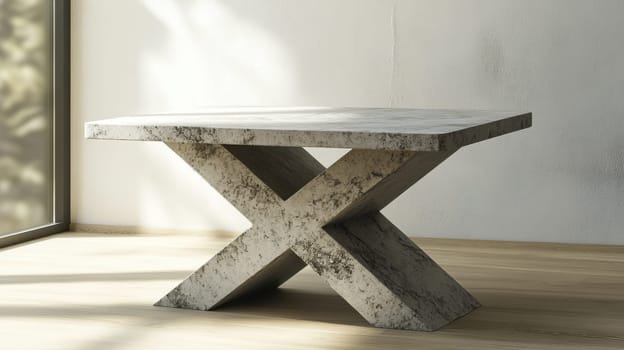 A modern table made from textured concrete showcases a distinctive cross-shaped base. The setting includes a spacious interior with bright, natural light flooding through a large window, creating an inviting atmosphere.