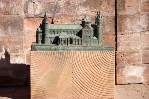 Worms, Germany - October 13, 2018: The true-to-scale model of St. Peter's Cathedral in bronze on October 13, 2018 in Worms...