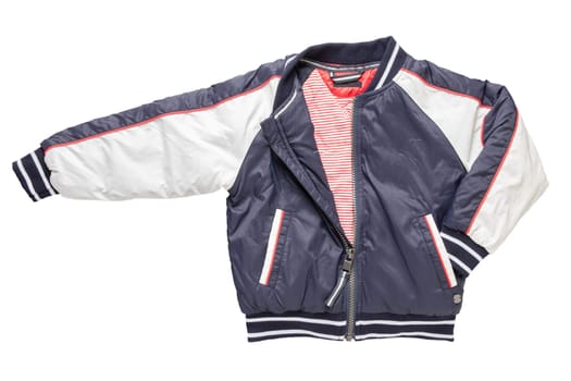 Children’s autumn or winter jacket. Stylish childrens blue and white warm down jacket isolated on a white background.