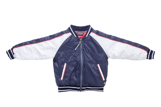 Children’s autumn or winter jacket. Stylish childrens blue and white warm down jacket isolated on a white background.