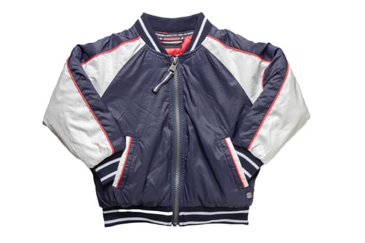 Children’s autumn or winter jacket. Stylish childrens blue and white warm down jacket isolated on a white background.