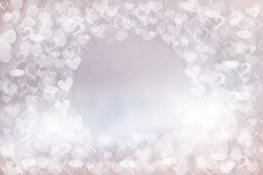 Abstract festive blur bright pink pastel background with white hearts love bokeh for valentine or wedding card. Space for design. Card concept.
