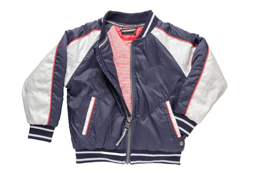 Children’s autumn or winter jacket. Stylish childrens blue and white warm down jacket isolated on a white background.