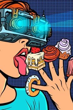 woman in virtual reality glasses eating sweets. cake cupcake donut marshmallow. Pop art retro vector illustration vintage kitsch