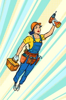 woman with drill, repair and construction. Superhero flying. Pop art retro vector illustration vintage kitsch