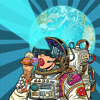 Virtual reality. Woman astronaut and space dreams. Woman astronaut eats planets of the solar system, like ice cream. Humanity and cosmic dreams concept. Pop art retro vector illustration vintage kitsch