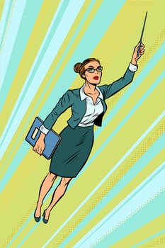 female teacher, superhero flying. Pop art retro vector illustration vintage kitsch