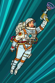 Superhero woman astronaut paratrooper with Blaster, science fiction. Pop art retro vector illustration vintage kitsch