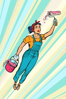 woman painter, superhero flies. Pop art retro vector illustration vintage kitsch