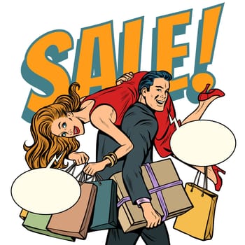 man carries woman in his arms, sale. Pop art retro illustration vintage kitsch drawing