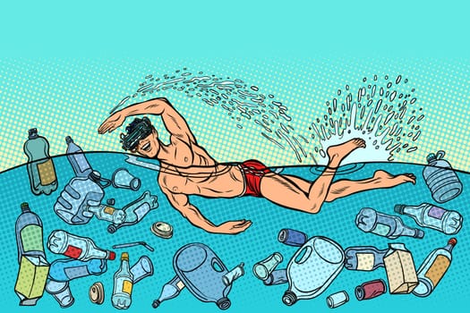 Ocean pollution by plastic trash. Ecology concept. virtual reality glasses. man swimmer swims. Pop art retro vector illustration vintage kitsch
