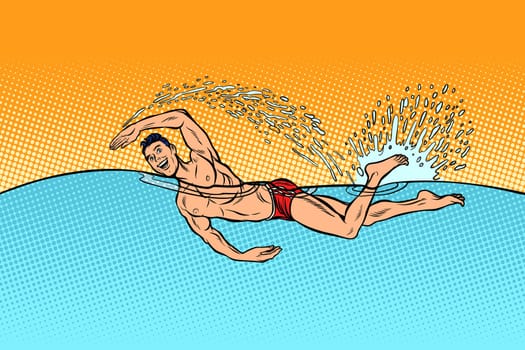man swimmer swims. Pop art retro vector illustration vintage kitsch